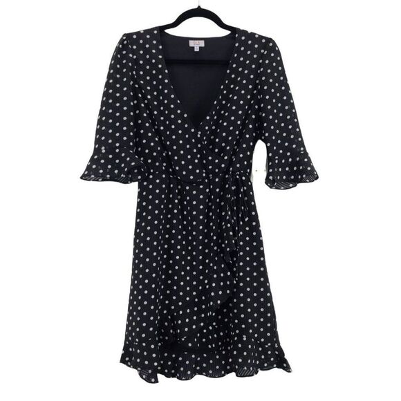 Faux-Wrap Mini Dress by Q+A Los Angeles Polka Dot-Print - Black/White, Juniors S - Picture 1 of 7